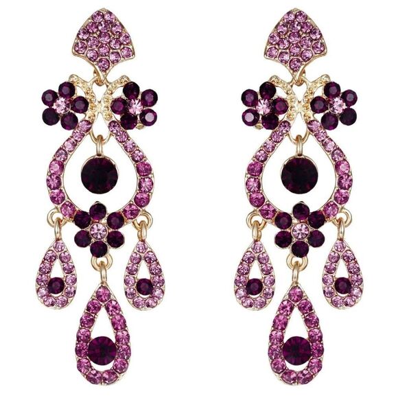 Yellow Gold and Purple Amethyst Austrian Crystal Flower Vase Chandelier Earrings